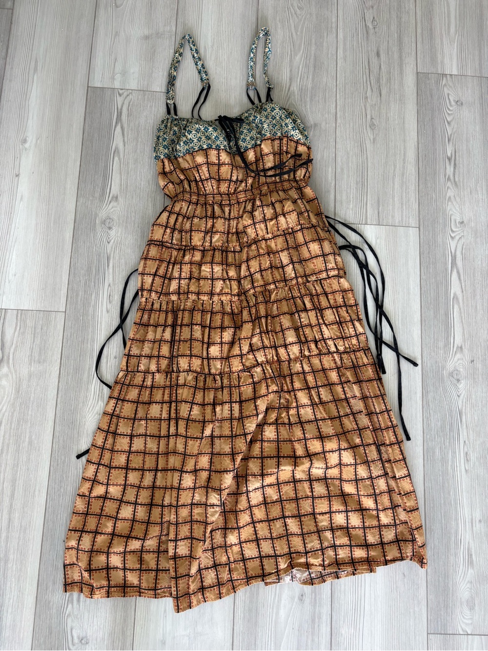 Ciao Lucia Brown Grid Midi Dress with Patterned Bodice - Picture 4 of 5